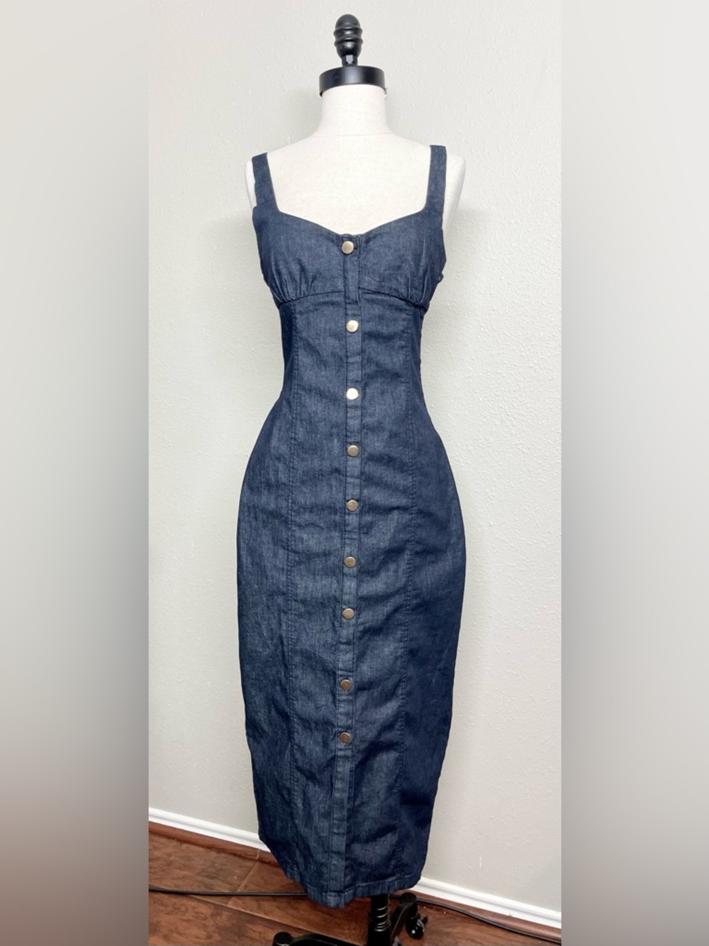 Zara Dark Indigo Button-Front Midi Body Fit Stretch Denim Dress M